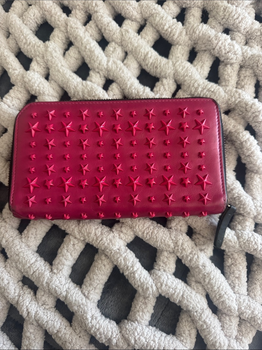 Jimmy Choo Hot Pink Star Studded Leather Zip Around